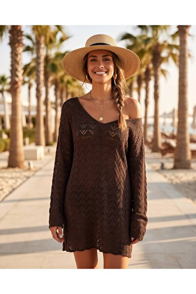 Trend Kapında Women's V-Neck Openwork Knitwear Beach Dress and Tunic