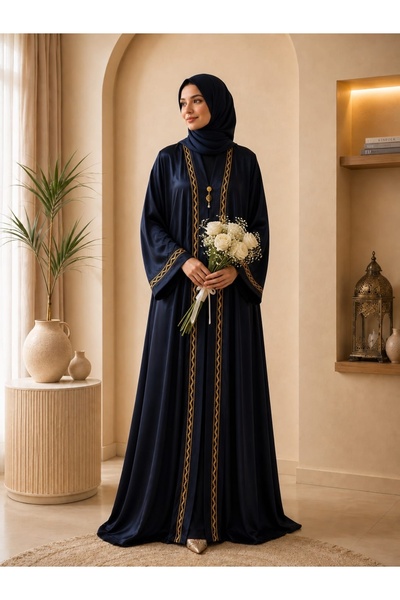 Generic Luxury Navy Blue Abaya for Women with Elegant Gold Trim, Long Kimono ...