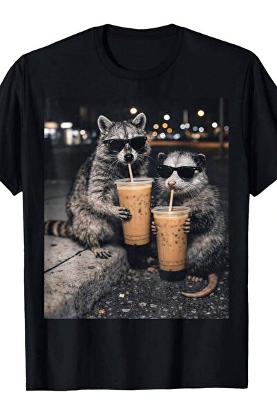2BIR Vintage Raccoon Possum Drinking Iced Coffee-Shirt - Fun Cute Animal Prin...
