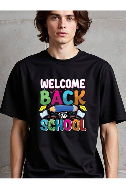 26LIK Natee Back To School T-Shirt Black With Colorful Welcome Graphic 100% Crew Neck Tee Teachers, Students, Men & Teens All-Season Casual Shirt For School, Parties, Sports - Machine Washable Everyday