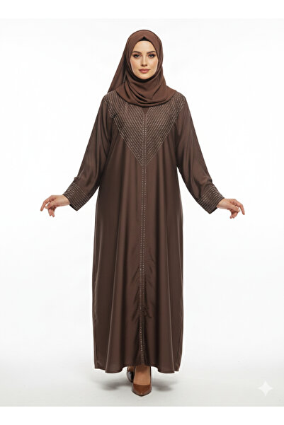 RIZQE Rizqé Mocha Brown Closed Abaya | Silver Geometric Thread Embellishment ...