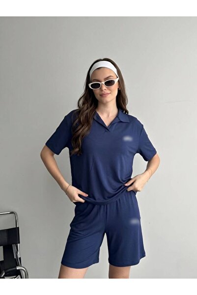mylunessa Polo Collar Short Sleeve Shorts Navy Blue Tracksuit Set