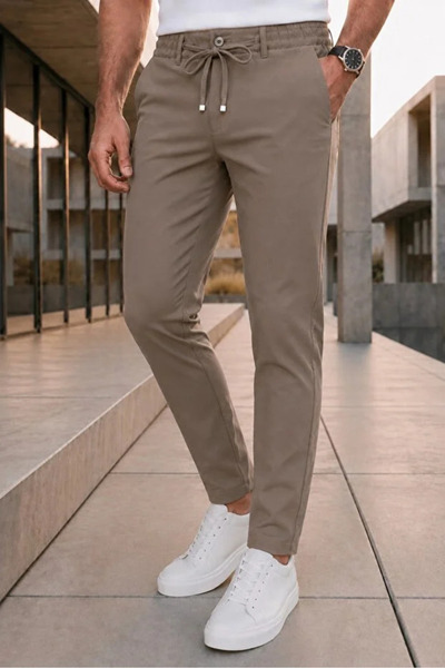 Ser Joven Men's Mink Relaxed Fit Elastic Waist Lace-Up Side Pocket Jogger Fabric Trousers