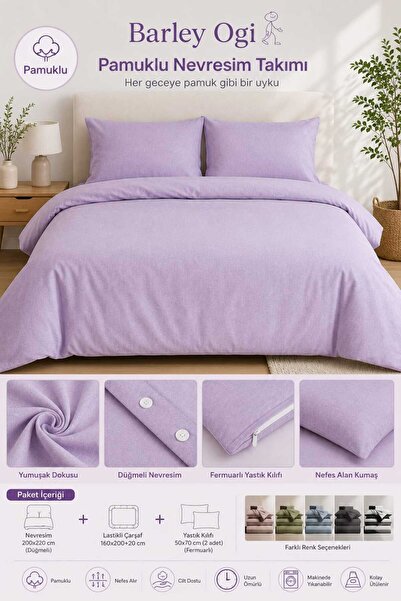 Barley Ogi Cotton Double Duvet Cover Set 200X220 Lilac