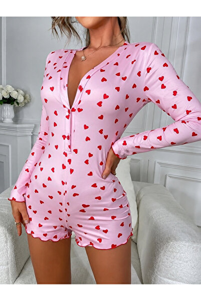 the DIFFerent Pink Heart Patterned Long Sleeve Pajama Jumpsuit