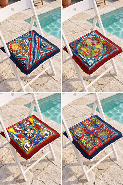 Realhomes Colorful Patterned 4-Piece Fringed Puffy Chair Cushion Set with Til...