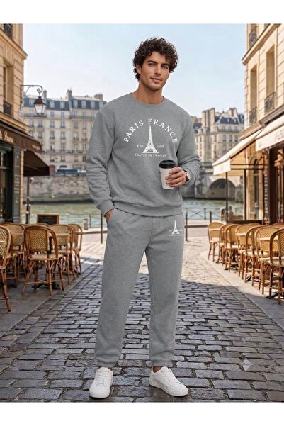 WOODROFFE Unisex Paris France Printed Crew Neck Sweatshirt Set Oversize