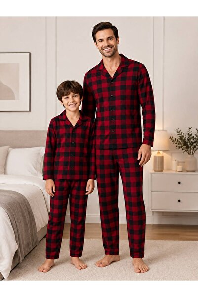 Fil Kids Set de pijamale pentru băieți, tată și fiu, cu model în carouri roși...