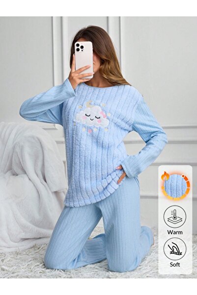 Mios Moda Mor Hello Winter Desenli Kadın Peluş Pijama Takımı