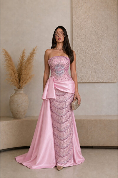 Calissa Store Luxury Pink Sequin Evening Dress Embroidered Satin Evening Gown