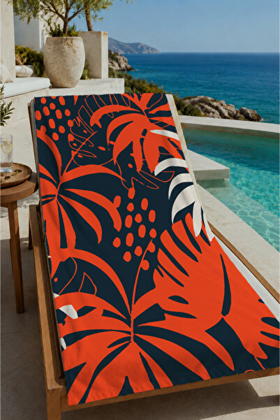 Evmila Navy Blue Orange Tropical Leaf Patterned 70X150 Beach Towel - Cotton B...