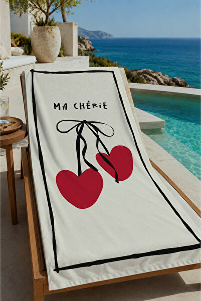 Evmila Cream Ma Cherie Cherry Drawing Patterned 70X150 Beach Towel - Digital ...