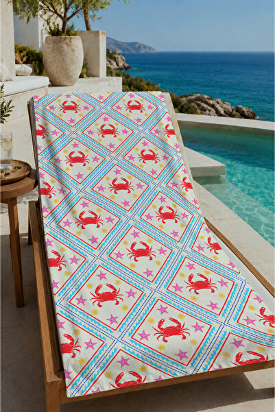Evmila Pastel Ceramic Tile Red Crab Patterned 70X150 Beach Towel - Digital Pr...