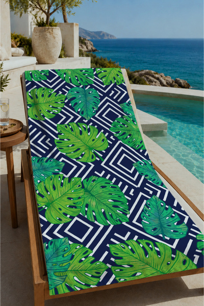 Evmila Navy Blue Green Geometric Monstera Leaf Patterned 70X150 Beach Towel -...