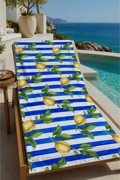 Evmila Navy Blue White Striped Lemon Branch Patterned 70X150 Beach Towel - Di...