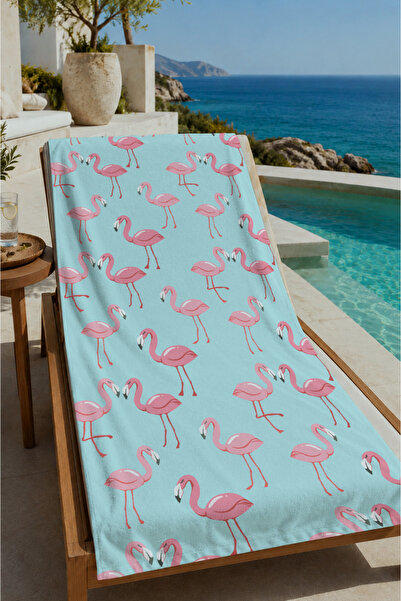 Evmila Light Blue Pink Flamingo Patterned 70X150 Beach Towel - Cotton Bath Towel