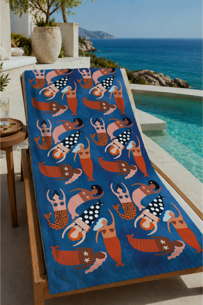 Evmila Navy Blue Floor Orange Tiger Patterned 70X150 Beach Towel - Cotton Bat...