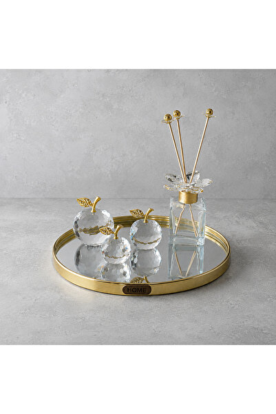 sahane & bazaar Dekoratif Aynalı Tepsi ve Kristal Koku Şişesi Kristal Elma Se...