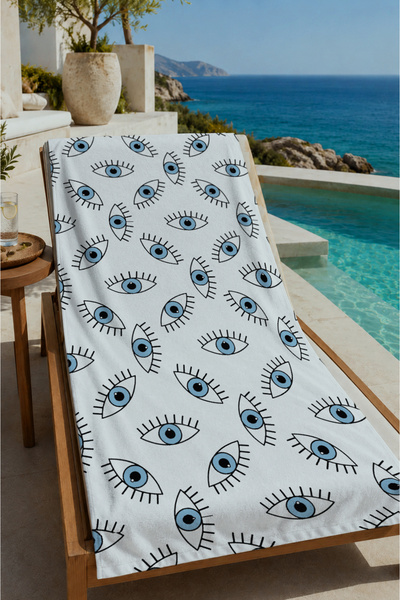 Evmila White Evil Eye Patterned 70X150 Beach Towel - Digital Printed Fade-Res...