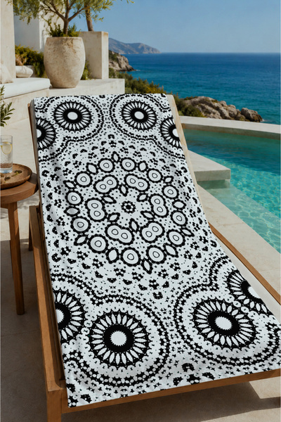 Evmila White Black Mandala Patterned 70X150 Beach Towel - Digital Printed Bat...