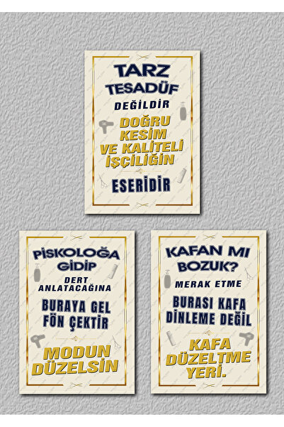 HAYAL ODASI STORE Kuaför ve Berber Salonu Dekoratif Ahşap Tablo Seti 3'lü - E...