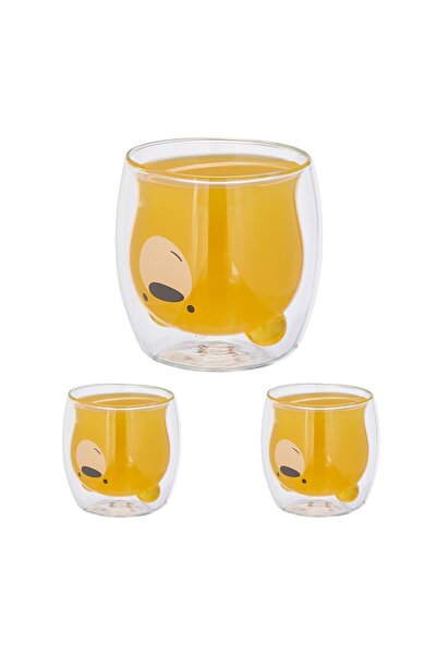 Ayawaska Set 3 pahare din sticla barosilicata, model ursulet, cu pereti dubli...