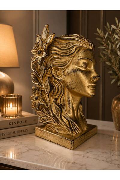 ersu store Dekoratif Kadın Büstü Heykel Gold Detaylı Beyaz Biblo | Modern Sal...