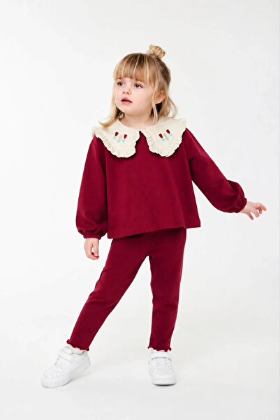 Minigimin Cicileri Tulip Collar Embroidery Detailed Girls' Tights Set - Burgundy