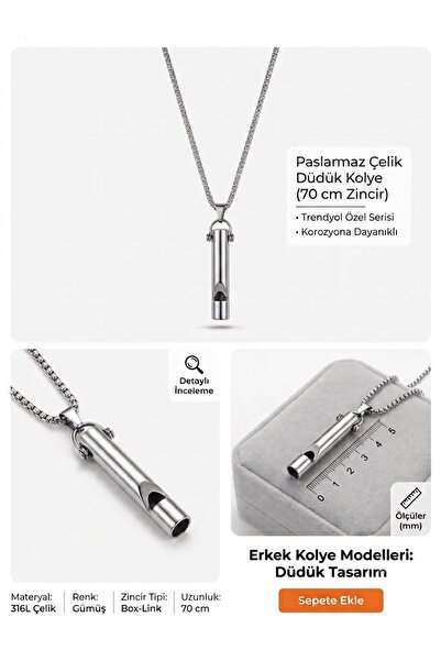 ZEYKU ACCESSORİES Unisex Gümüş Rengi Paslanmaz Çelik Düdük Tasarım Kolye - Deprem Acil Durum Düdüğü Kararmaz Zincir