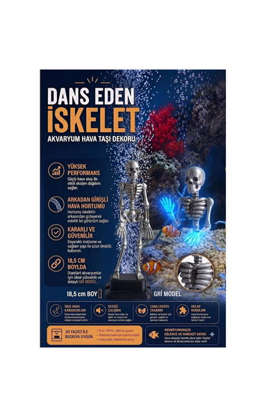 Kanki Pet 3D Baskı Gri Dans Eden İskelet Akvaryum Hava Taşı 18,5 cm