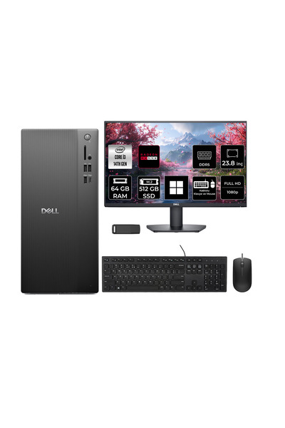 Dell Tower Essential QVT1260 Intel Core i3 14100 RX 550 4GB 64GB RAM 512GB SSD 23.8" FHD Win11 Home BTO001_QVT1260P693 Masaüstü Bilgisayar + PER4 USB Bellek