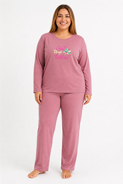 FAMES PİJAMA Plus size seasonal great things pattern pink pajama set