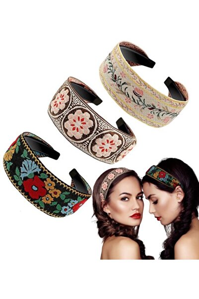 STARSTAR Bohemian headbands 3pc wide embroidered brown/black/white.