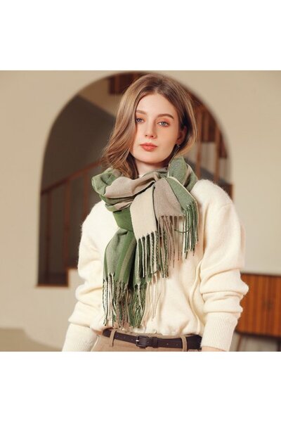 STARSTAR Women's faux cashmere scarf powder blue plaid tassel warm.