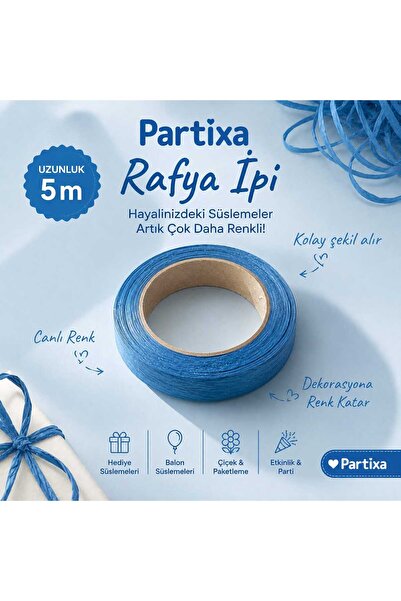 Partixa Mavi Rafya İpi - Balon Bağlama ve Hediye Paketi Süsleme İpi (1 Rulo 5...