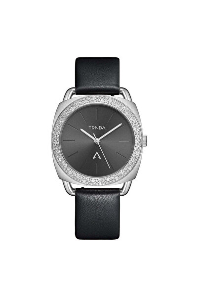 TRNDA Women's Watch With Silver Stainless Steel Case And Black Leather Band