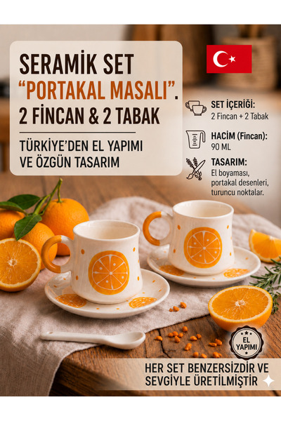 Portakal Masalı El Yapımı Seramik İkili Fincan Seti