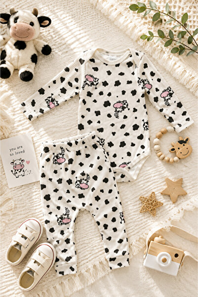 zepkids Unisex Baby Set Cow Patterned Long Sleeve Snap Fastener Bodysuit and ...