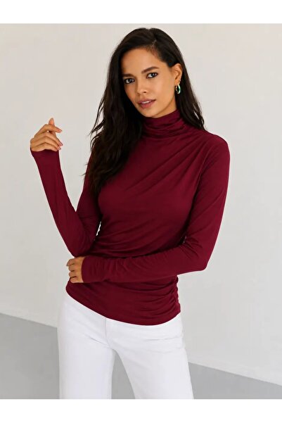Cool & Sexy Women's Burgundy Draped High Neck Long Sleeve Flexible Fit Blouse