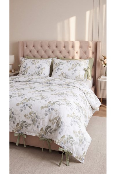 kesenegore 100% Cotton Double Eucalyptus Patterned Duvet Cover Set 220X200 cm – 2 Patterned + 2 Plain White Pillowcases with Laces