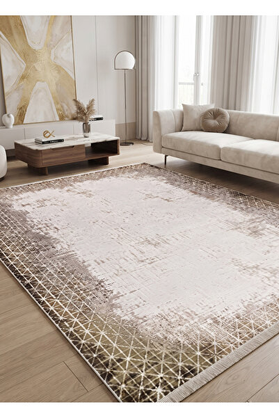 Pastel Modern Geometrik Desenli Çerçeveli Krem Vizon Halı Oturma Odası Salon ...