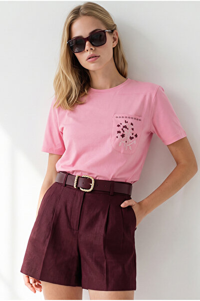 Olalook Women's Pink Embroidered Regular Fit Cotton T-Shirt with Pockets Tsh-...