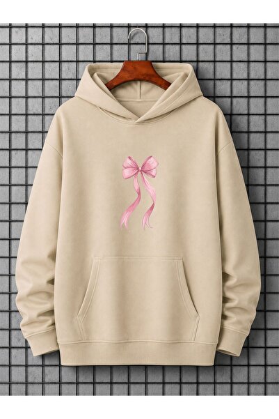x-compass life Oversize Winter Women's Hooded Sweatshirt with Pink Ribbon Print