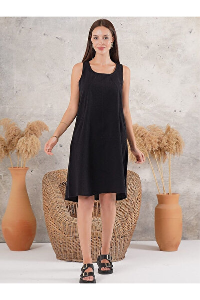 Flubutik Women's Sleeveless Cotton Dress with Pockets Black