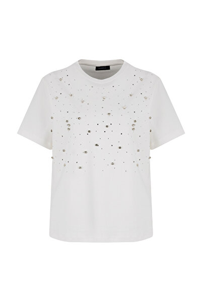 Fabrika Beyaz Kadın Bisiklet Yaka Loose Fit Taşlı T-Shirt F6WL-TST0040