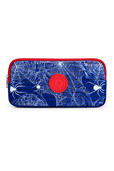 Mevo Spider Patterned Zippered Multi-Compartment Navy Blue Colored Pen Holder