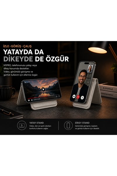 KVK TS M1Pro Magsafe Compatible Magnetic Card Holder and Phone Stand – 2-3 Card Capacity, Slim Premium Vegan Leather – Gray