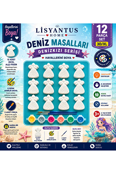 LİSYANTUS HOME 🧜‍♀️ Deniz Masalları – Denizkızı Serisi–12 Parça 3D/XL Boyama Seti 🎨/DIY/Hediye/Etkinlik/Eğitici/Aktivite/El Becerisi Gelişimi/Çocuklar ve Yetişkinler/Hobi