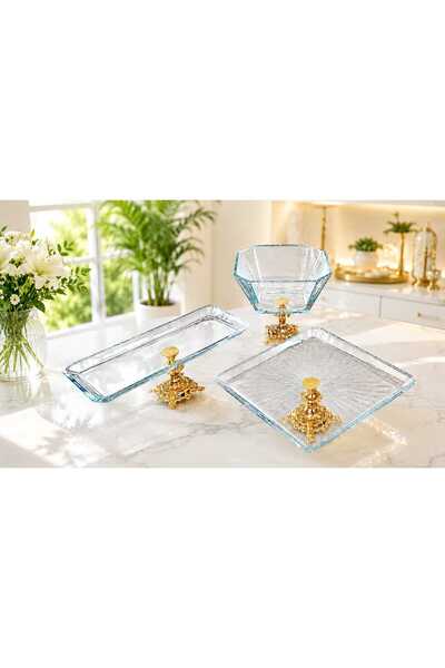 Buldem 3-Piece Glass Presentation Set with Gold Feet, Luxurious Footed Servin...