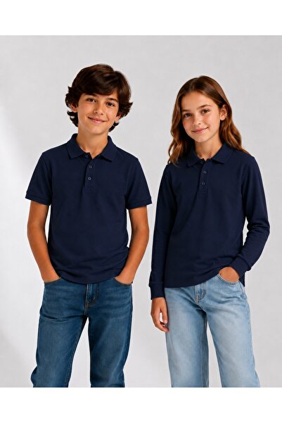 The Clover Unisex Navy Blue 100% Cotton Polo Collar Long and Short Sleeve T-S...